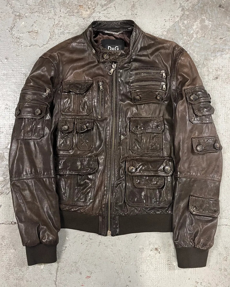 2000s Dolce & Gabbana Army Multi-Pocket Brown Leather Jacket ReSAeAl 0