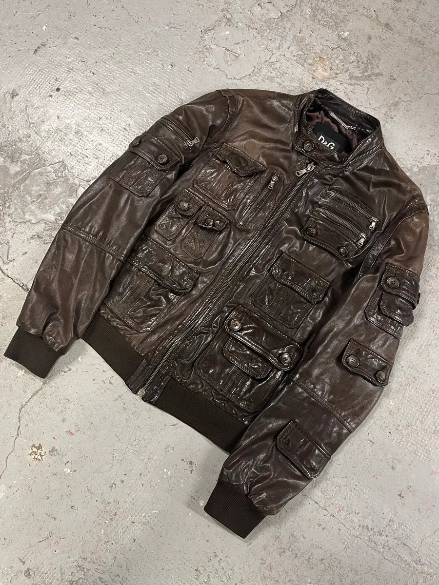 2000s Dolce & Gabbana Army Multi-Pocket Brown Leather Jacket ReSAeAl 1