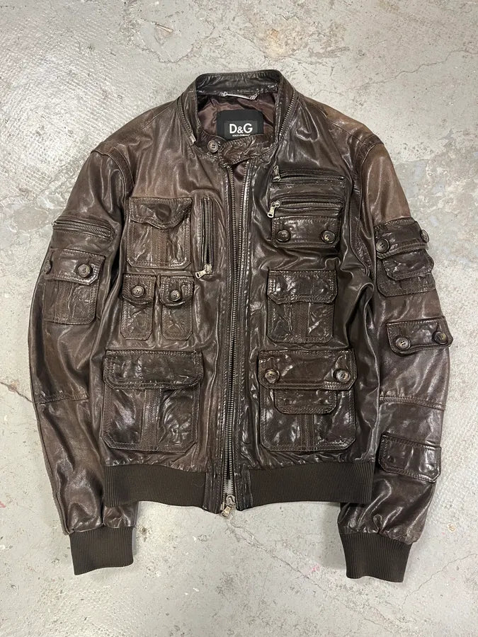 2000s Dolce & Gabbana Army Multi-Pocket Brown Leather Jacket ReSAeAl 2