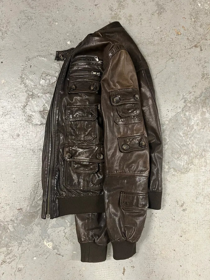 2000s Dolce & Gabbana Army Multi-Pocket Brown Leather Jacket ReSAeAl 5