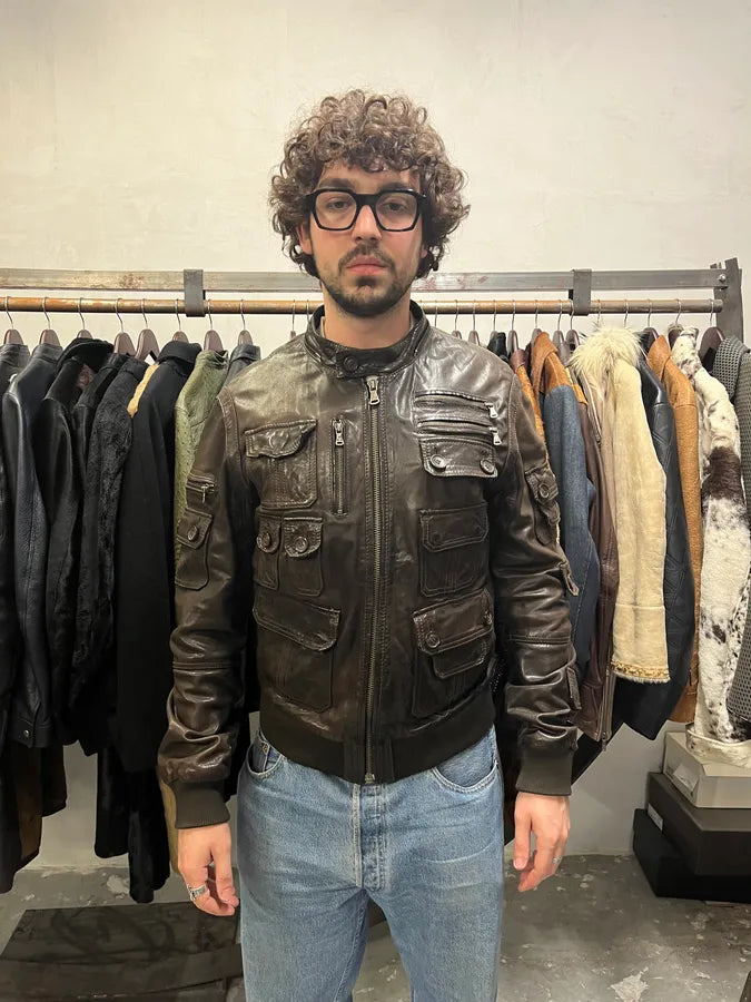 2000s Dolce & Gabbana Army Multi-Pocket Brown Leather Jacket ReSAeAl 6