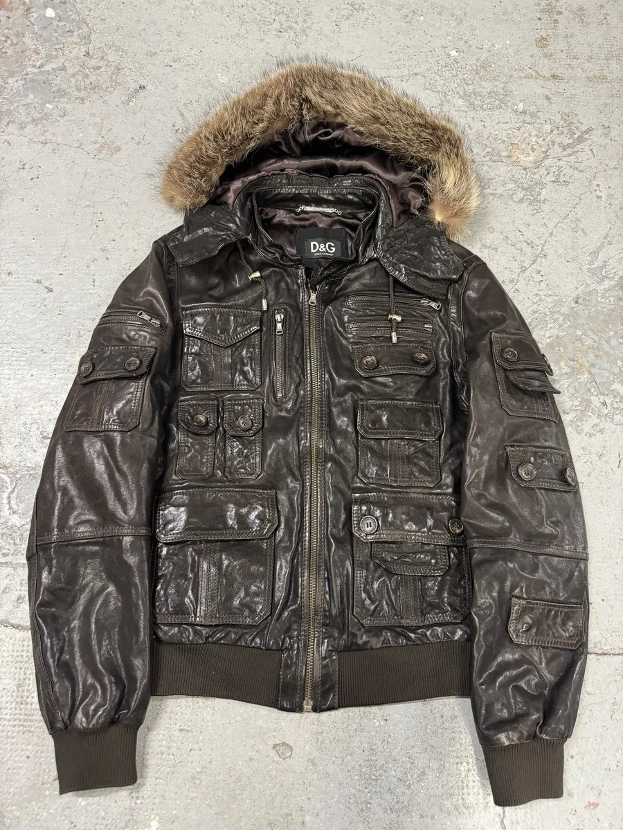 2000s Dolce & Gabbana Army Multi-Pockets Brown Fur Hooded Leather Jacket (L) zUQSeYU 0