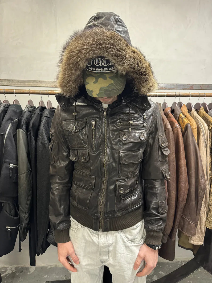 2000s Dolce & Gabbana Army Multi-Pockets Brown Fur Hooded Leather Jacket (L) zUQSeYU 1