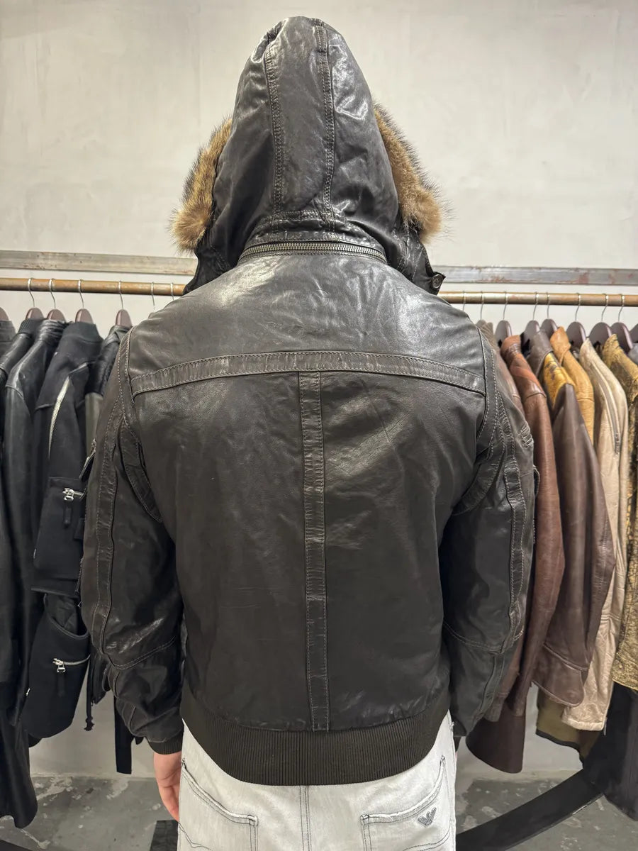2000s Dolce & Gabbana Army Multi-Pockets Brown Fur Hooded Leather Jacket (L) zUQSeYU 2