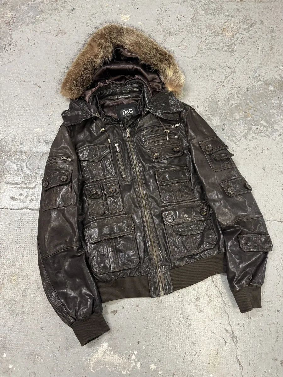 2000s Dolce & Gabbana Army Multi-Pockets Brown Fur Hooded Leather Jacket (L) zUQSeYU 3