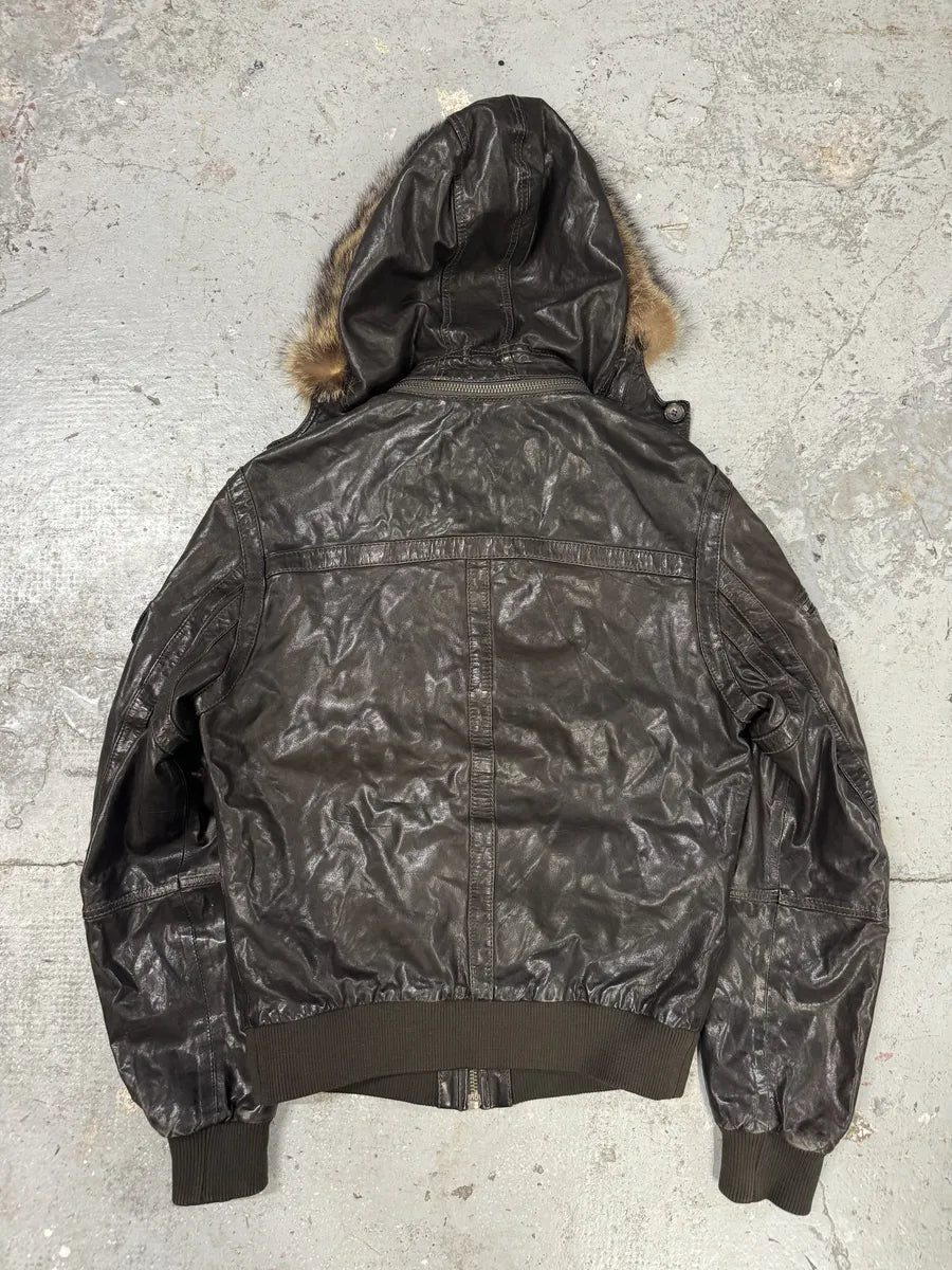 2000s Dolce & Gabbana Army Multi-Pockets Brown Fur Hooded Leather Jacket (L) zUQSeYU 4