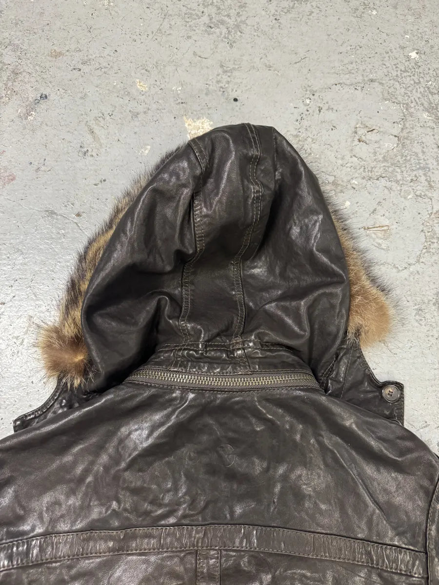 2000s Dolce & Gabbana Army Multi-Pockets Brown Fur Hooded Leather Jacket (L) zUQSeYU 5