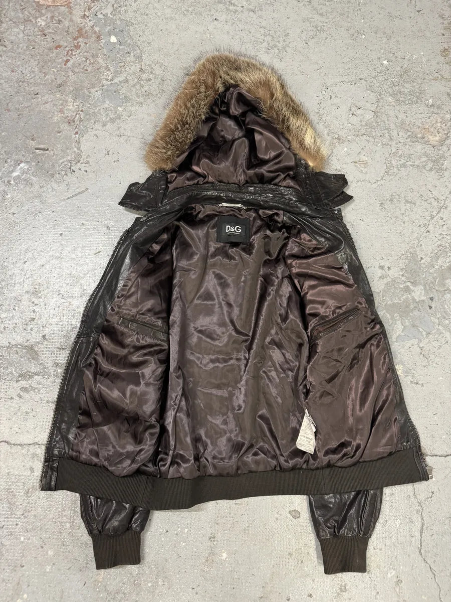 2000s Dolce & Gabbana Army Multi-Pockets Brown Fur Hooded Leather Jacket (L) zUQSeYU 6