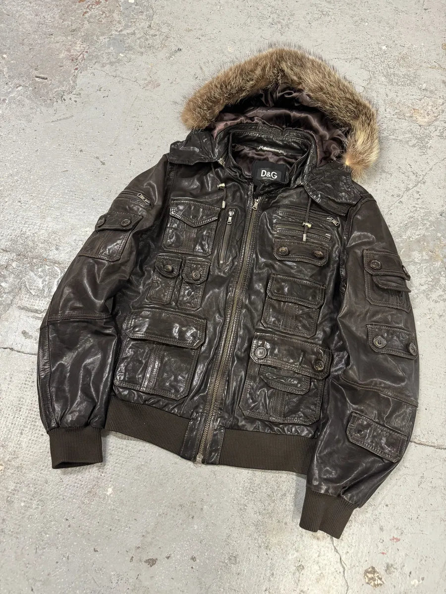 2000s Dolce & Gabbana Army Multi-Pockets Brown Fur Hooded Leather Jacket (L) zUQSeYU 7
