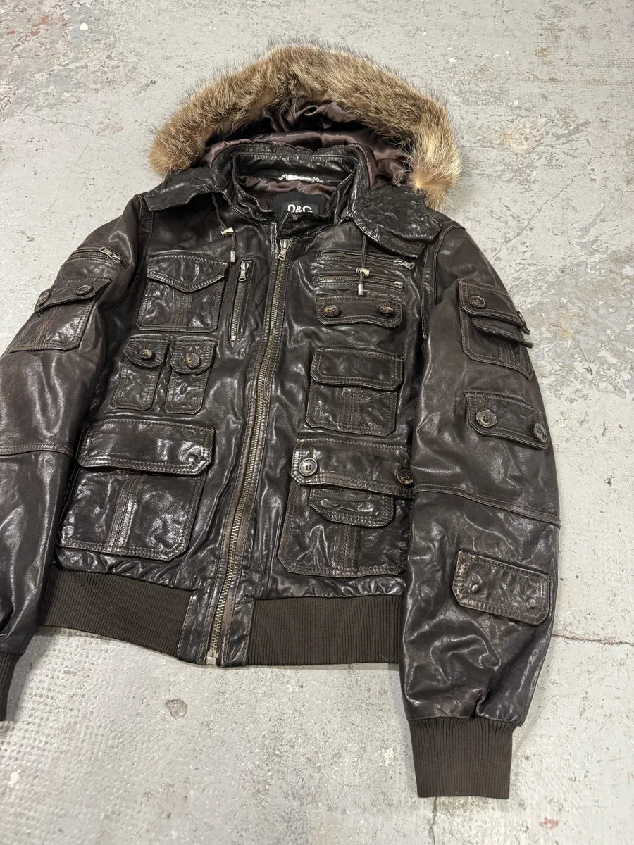 2000s Dolce & Gabbana Army Multi-Pockets Brown Fur Hooded Leather Jacket (L) zUQSeYU 8