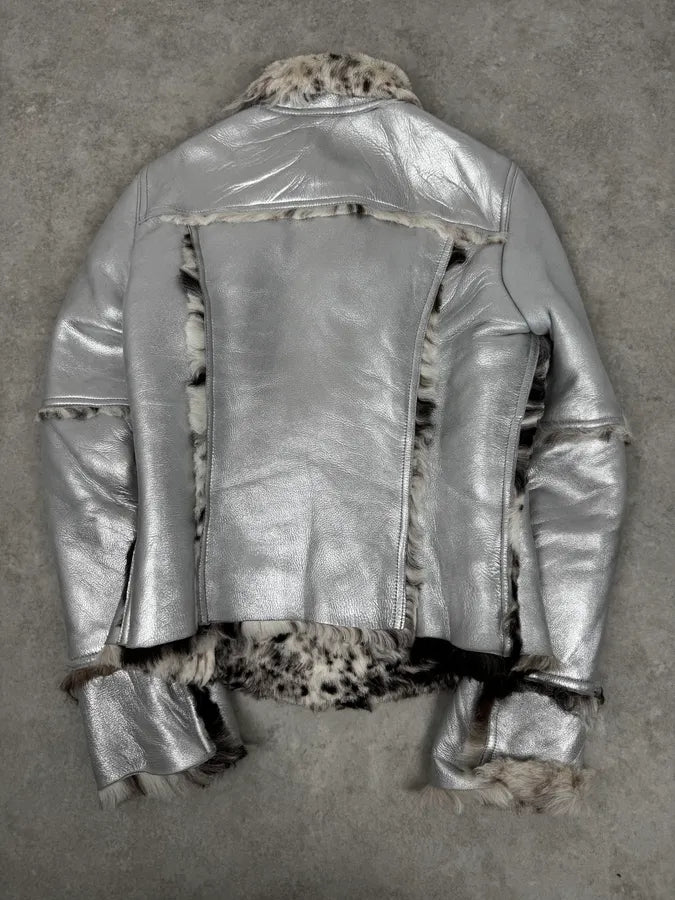 2000s Dolce & Gabbana Astro Silver Grey Fur Leather Jacket PEodNvg 3