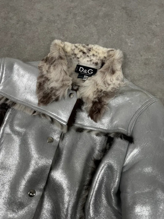 2000s Dolce & Gabbana Astro Silver Grey Fur Leather Jacket PEodNvg 4