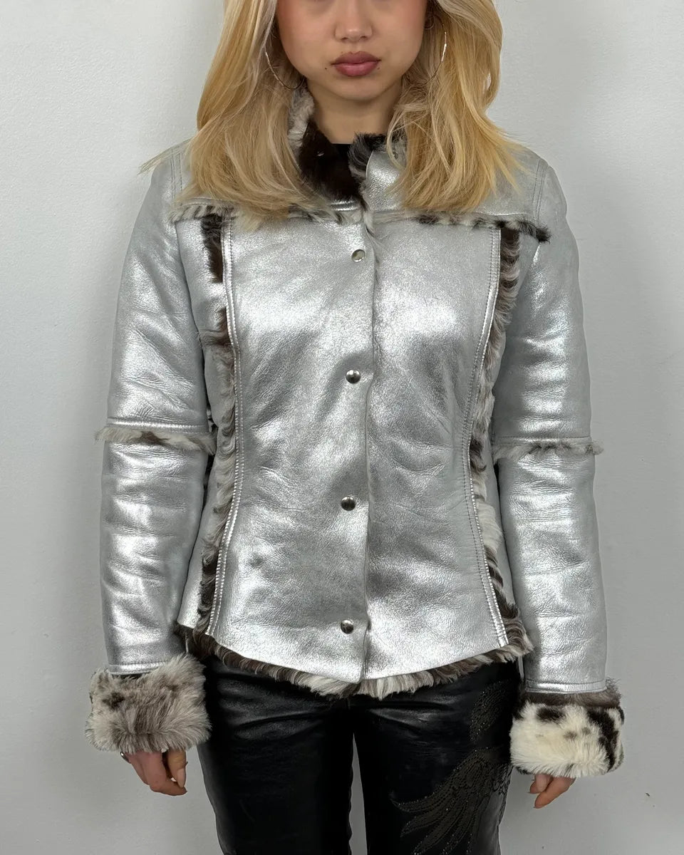 2000s Dolce & Gabbana Astro Silver Grey Fur Leather Jacket PEodNvg 0