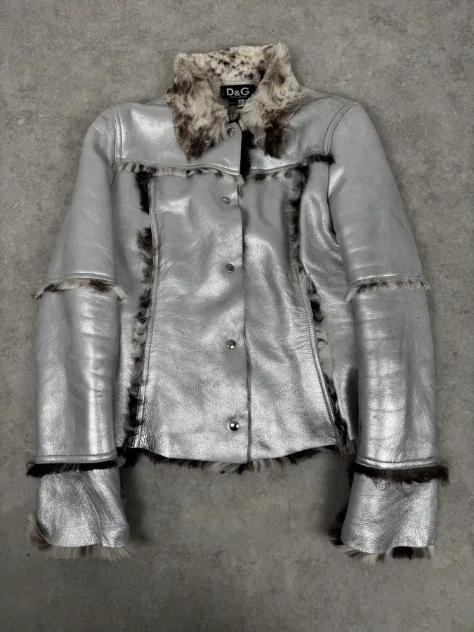 2000s Dolce & Gabbana Astro Silver Grey Fur Leather Jacket PEodNvg 2