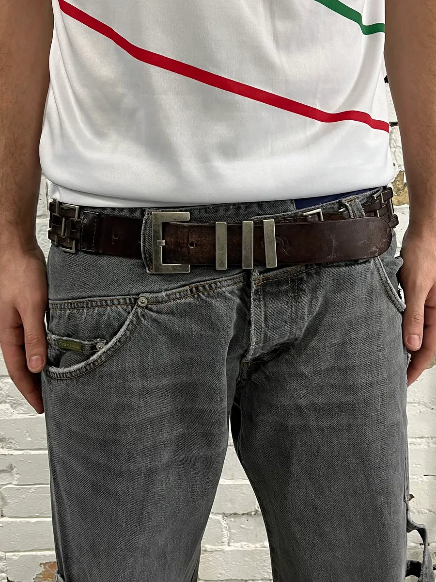 2000s Dolce & Gabbana Avant-Garde Metal Brown Leather Belt gnuflyb 1