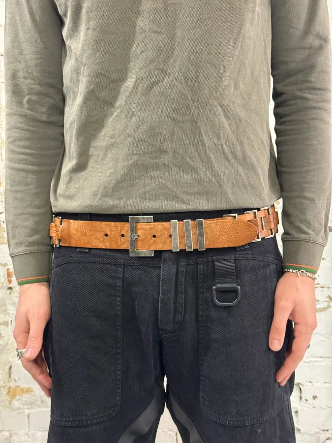 2000s Dolce & Gabbana Avant-Garde Metal Brown Leather Belt IWuLlGX 2