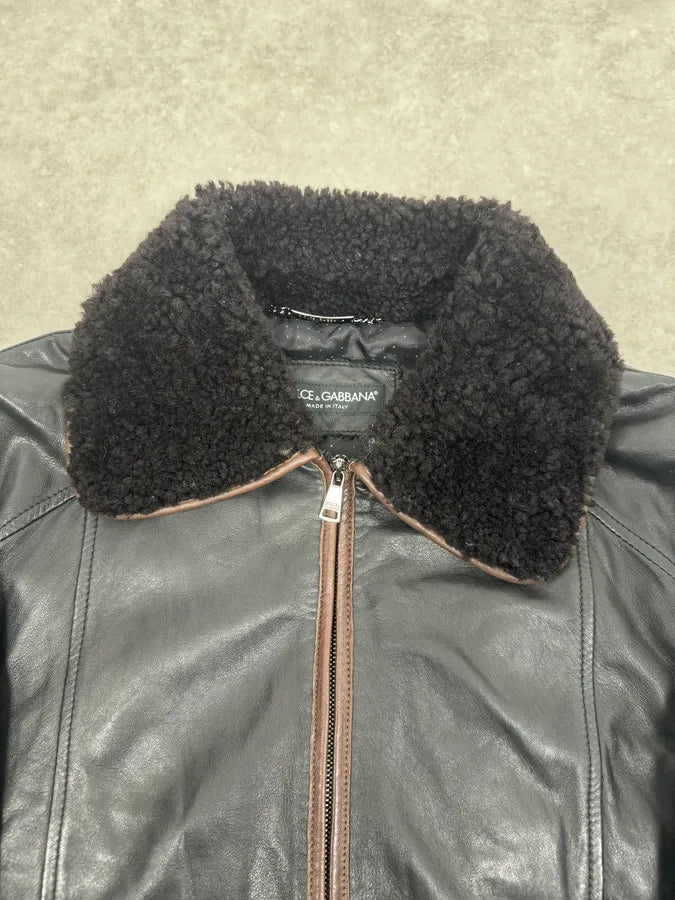 2000s Dolce & Gabbana Aviator Black Shearling Collar Leather Jacket ShVNSqI 3