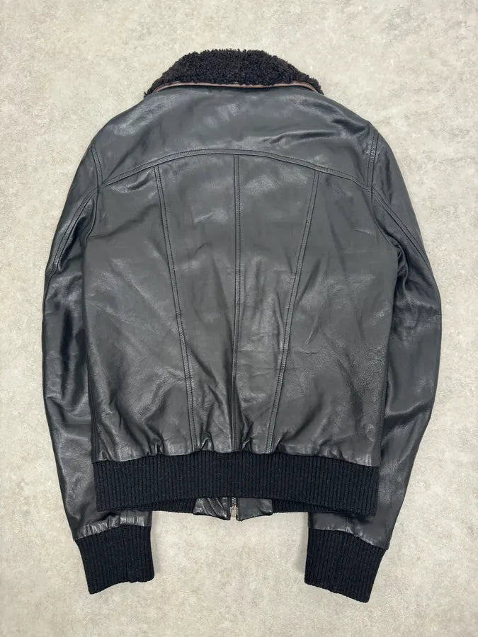 2000s Dolce & Gabbana Aviator Black Shearling Collar Leather Jacket ShVNSqI 4