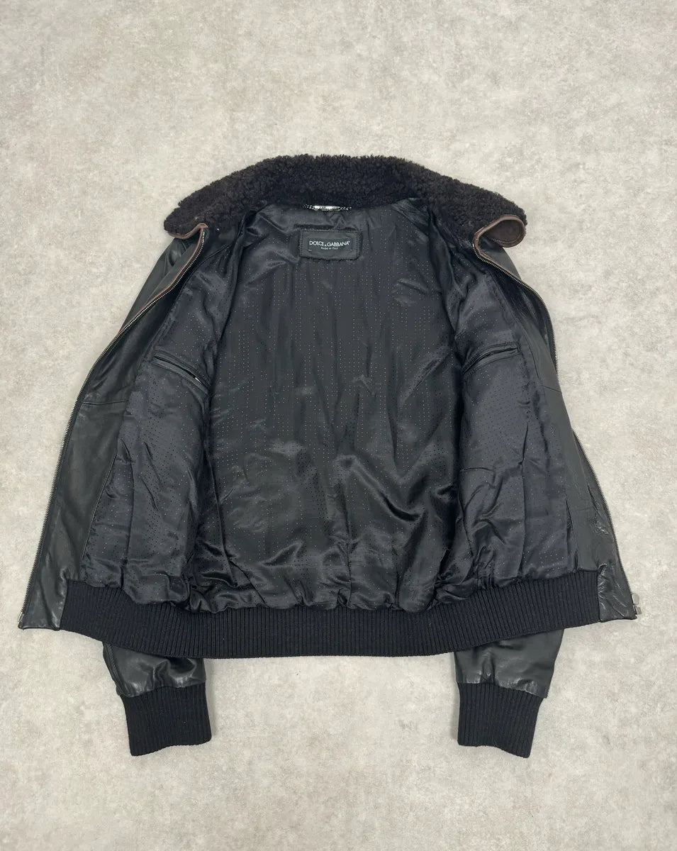 2000s Dolce & Gabbana Aviator Black Shearling Collar Leather Jacket ShVNSqI 6
