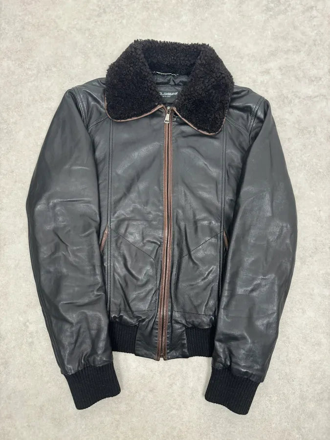 2000s Dolce & Gabbana Aviator Black Shearling Collar Leather Jacket ShVNSqI 0
