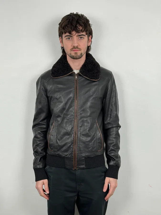 2000s Dolce & Gabbana Aviator Black Shearling Collar Leather Jacket ShVNSqI 1