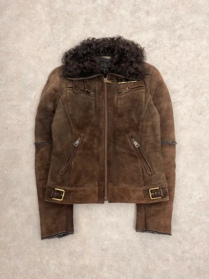 2000s Dolce & Gabbana Aviator Shearling Brown Leather Jacket WtrKKQz 0