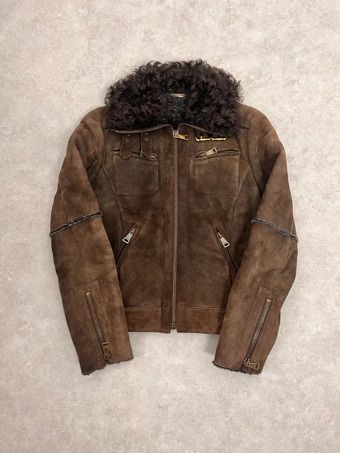 2000s Dolce & Gabbana Aviator Shearling Brown Leather Jacket WtrKKQz 3