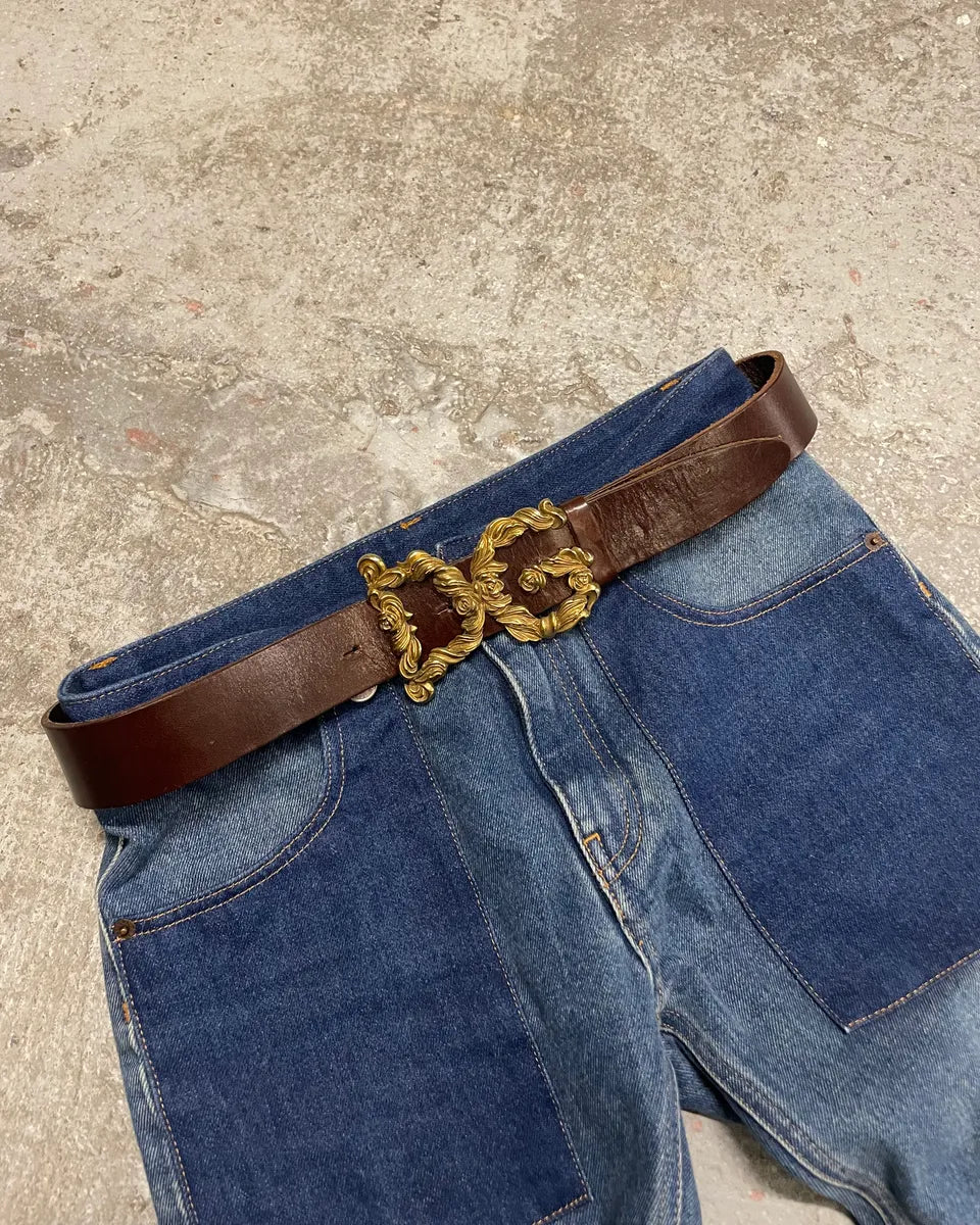 2000s Dolce & Gabbana Baroque Golden Buckle Leather Belt jrWlDVs 0