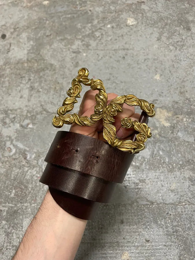 2000s Dolce & Gabbana Baroque Golden Buckle Leather Belt jrWlDVs 1