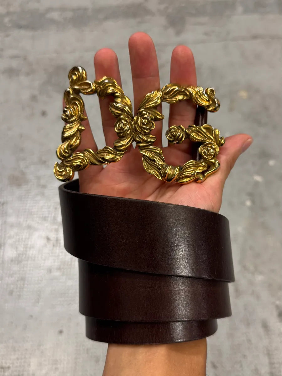 FW2006 Dolce & Gabbana Baroque Golden Buckle Brown Leather Belt xrYqSEO 2