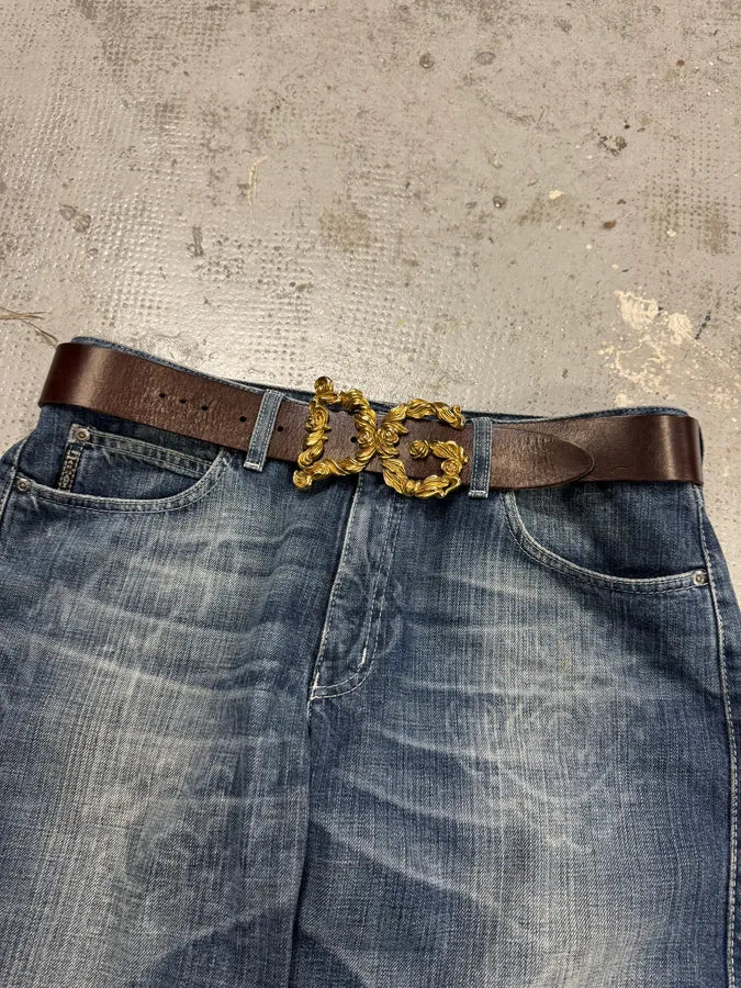 FW2006 Dolce & Gabbana Baroque Golden Buckle Brown Leather Belt xrYqSEO 0