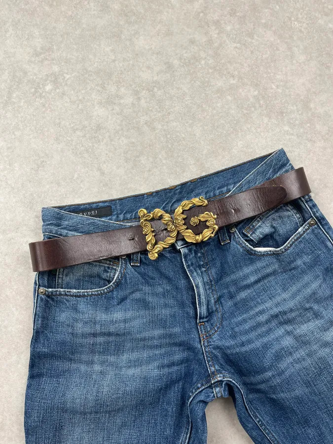AW2006 Dolce & Gabbana Baroque Golden Logo Brown Leather Belt fvpEFlp 0