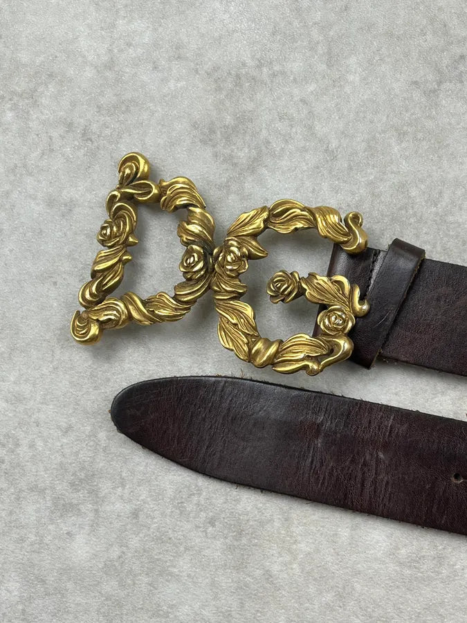 AW2006 Dolce & Gabbana Baroque Golden Logo Brown Leather Belt fvpEFlp 5