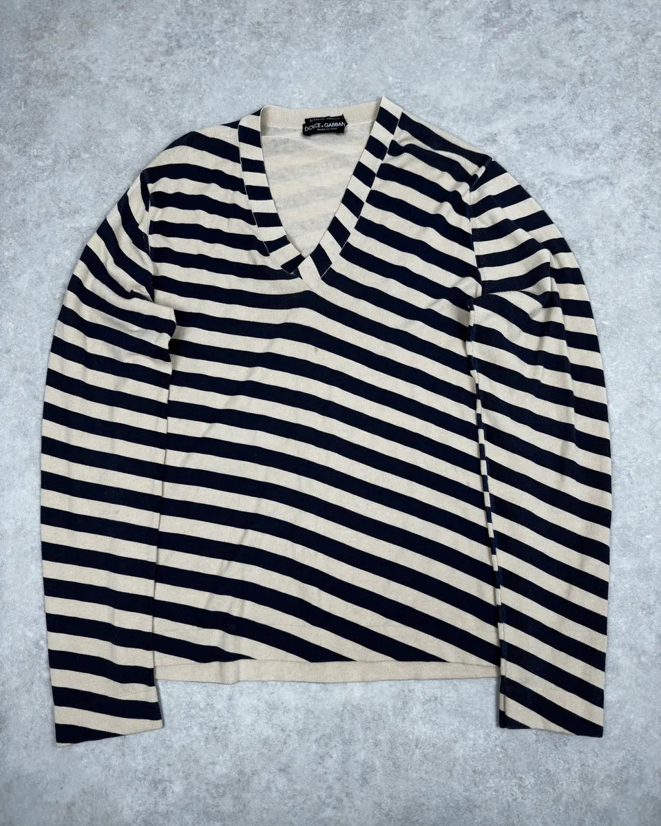 2000s Dolce & Gabbana Beige & Navy V Neck Wool Striped Sweater ZNMfxFN 0