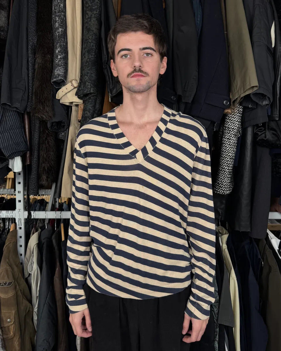 2000s Dolce & Gabbana Beige & Navy V Neck Wool Striped Sweater ZNMfxFN 1