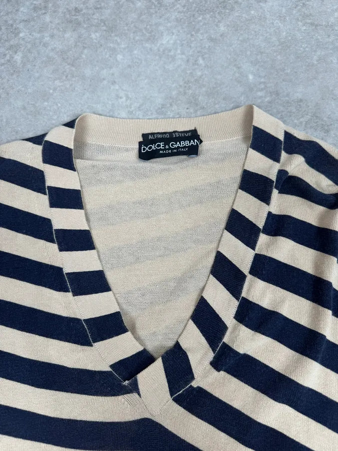 2000s Dolce & Gabbana Beige & Navy V Neck Wool Striped Sweater ZNMfxFN 4