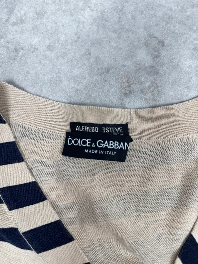 2000s Dolce & Gabbana Beige & Navy V Neck Wool Striped Sweater ZNMfxFN 6