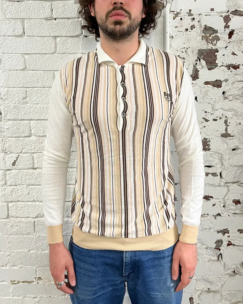 2000s Dolce & Gabbana Beige & White Striped Polo Sweater DAWJkRq 1