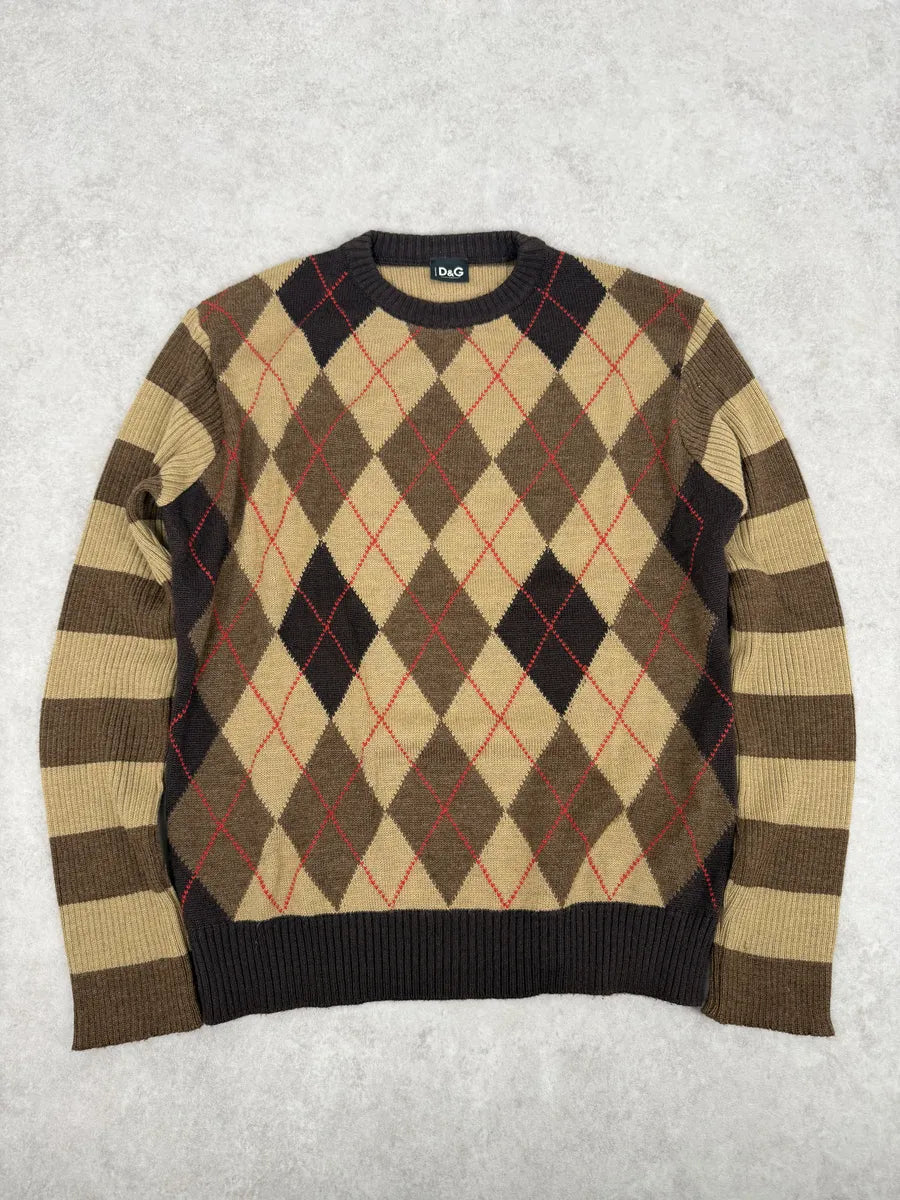 2000s Dolce & Gabbana Beige Checkered Classy Wool Sweater SXUENGD 0