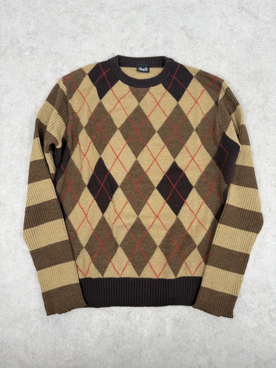 2000s Dolce & Gabbana Beige Checkered Classy Wool Sweater SXUENGD 3