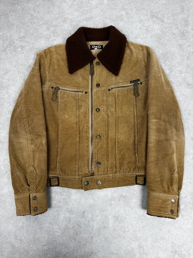 2000s Dolce & Gabbana Beige Corduroy Brown Collar Jacket OnUZRnF 0