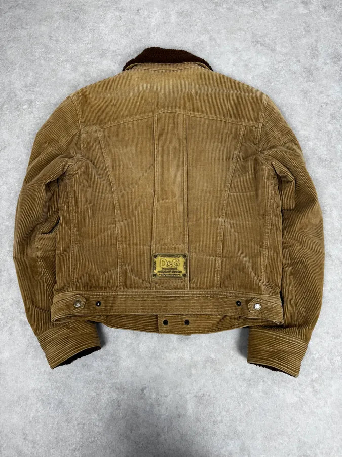 2000s Dolce & Gabbana Beige Corduroy Brown Collar Jacket OnUZRnF 3