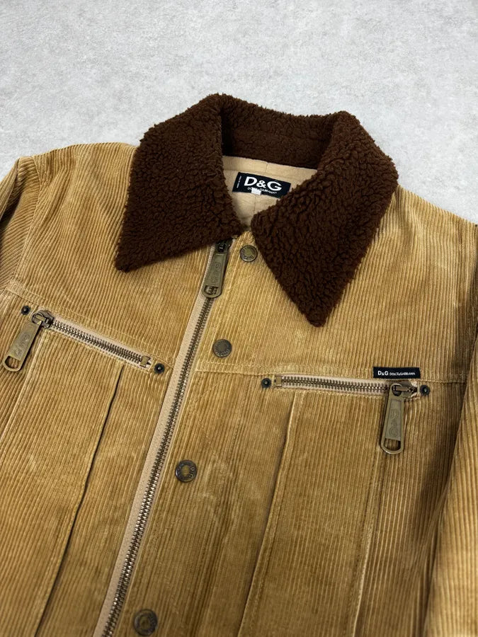 2000s Dolce & Gabbana Beige Corduroy Brown Collar Jacket OnUZRnF 4