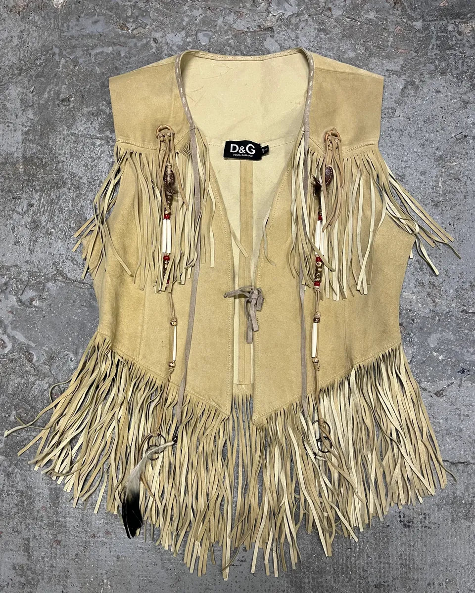 2000s Dolce & Gabbana Beige Fringe Cowboy Leather Vest (S/M) KOhHmJz 0