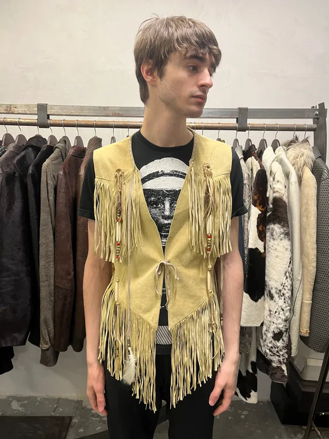 2000s Dolce & Gabbana Beige Fringe Cowboy Leather Vest (S/M) KOhHmJz 1