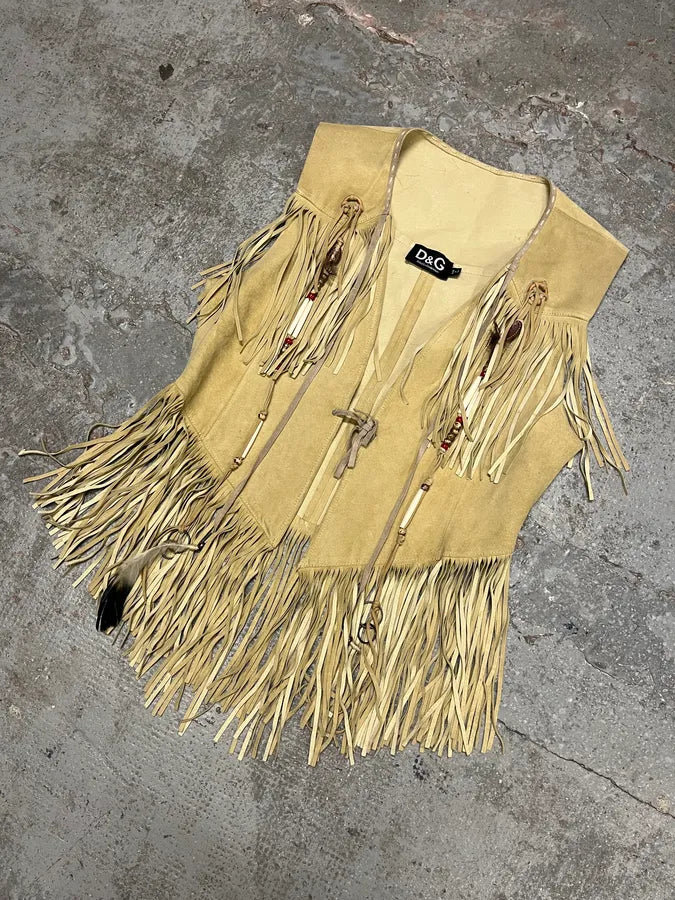 2000s Dolce & Gabbana Beige Fringe Cowboy Leather Vest (S/M) KOhHmJz 3