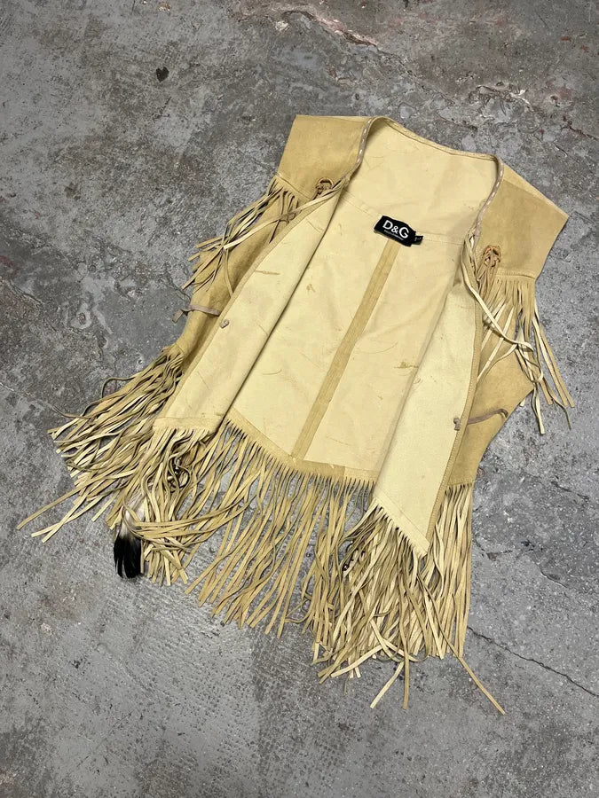 2000s Dolce & Gabbana Beige Fringe Cowboy Leather Vest (S/M) KOhHmJz 4