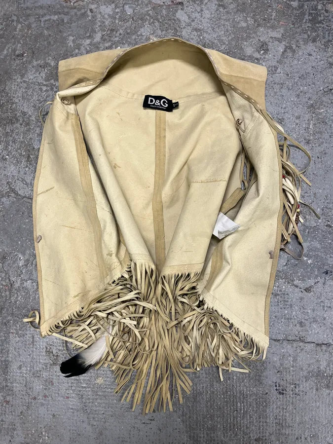 2000s Dolce & Gabbana Beige Fringe Cowboy Leather Vest (S/M) KOhHmJz 5