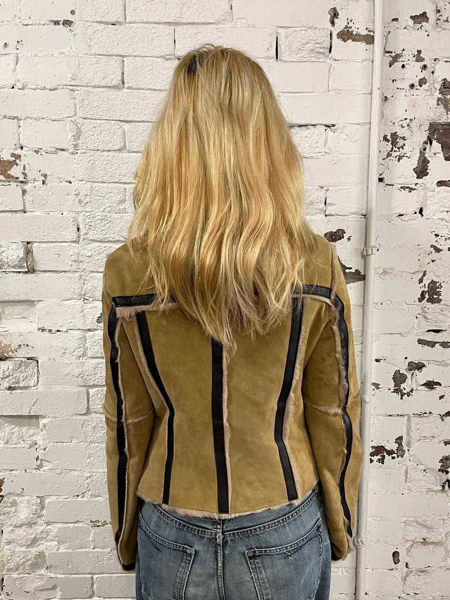 2000s Dolce & Gabbana Beige Fur Collar Camel Leather Jacket FWPsBHH 1