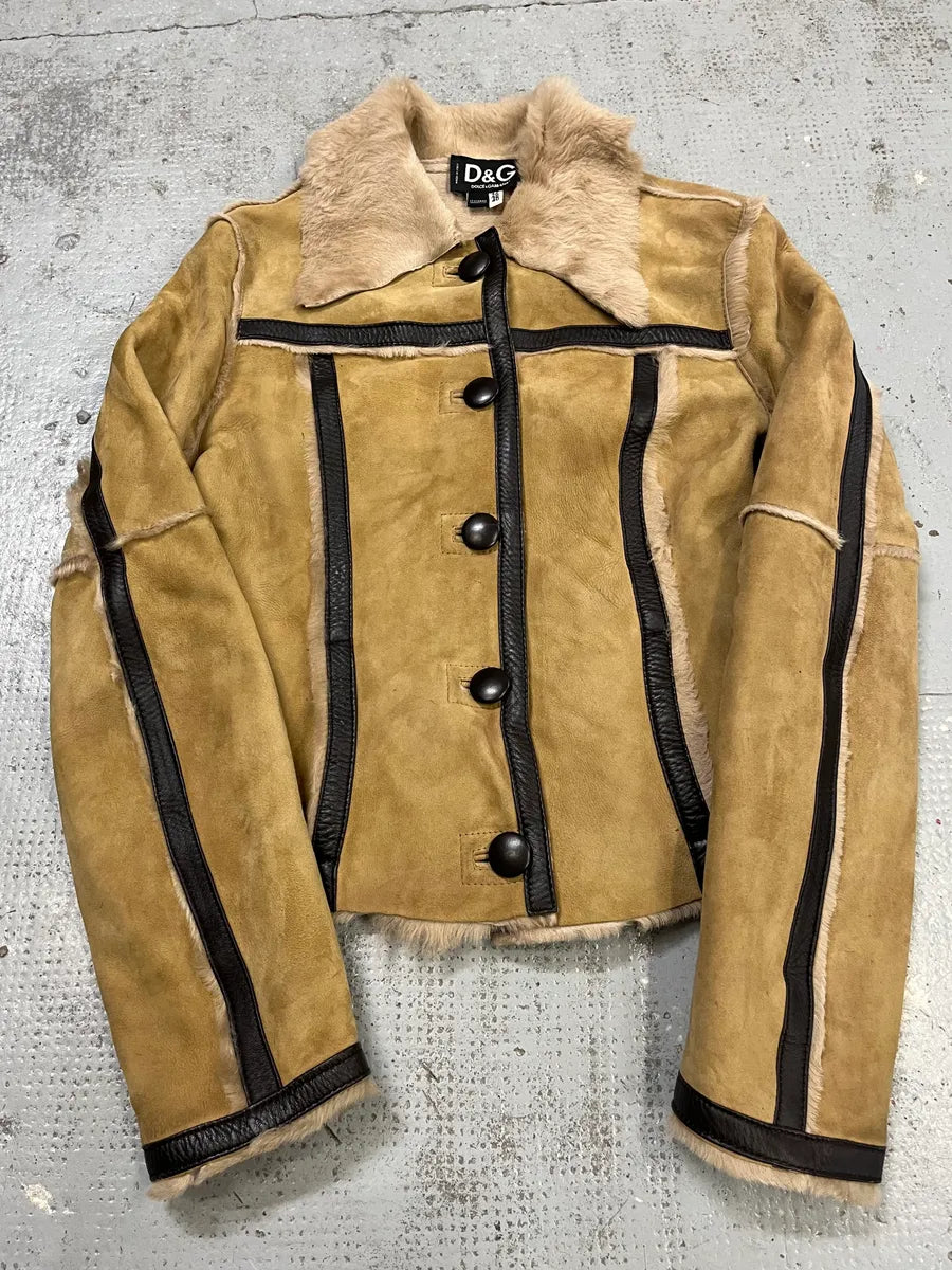 2000s Dolce & Gabbana Beige Fur Collar Camel Leather Jacket FWPsBHH 2